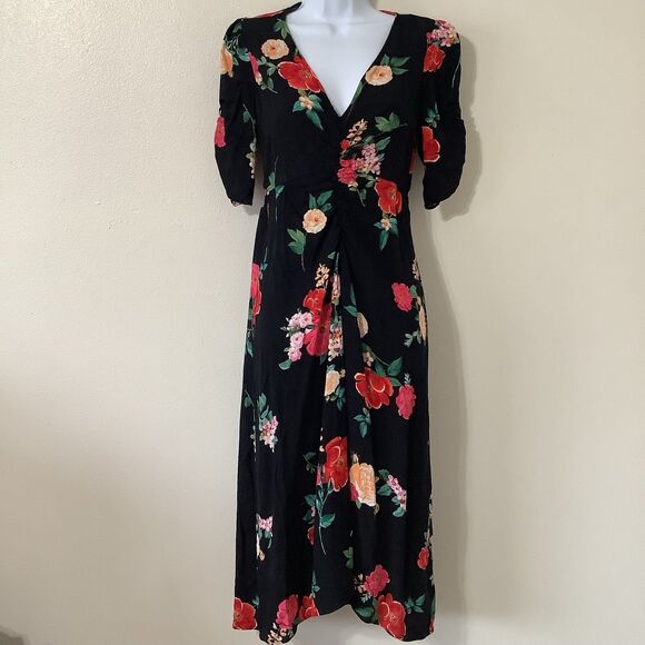Old Navy Black Floral Cottagecore Summer Tropical Flower Print Midi Dress Small - Picture 1 of 12